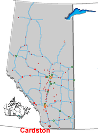 Map of Alberta showing location of Cardston